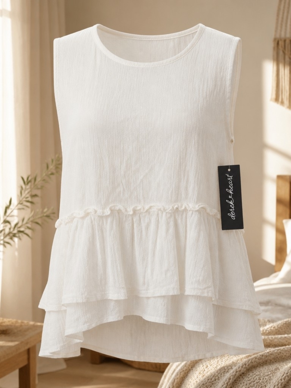 Derek Heart Sleeveless Layered Peplum Top - White